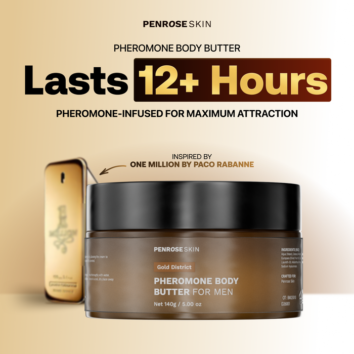 Gold District pheromone body butter, inspired by Paco Rabanne One Million — lasts 12+ hours