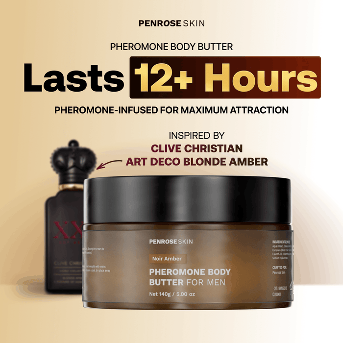 Noir Amber pheromone body butter, inspired by Christian Clive Blonde Amber — lasts 12+ hours