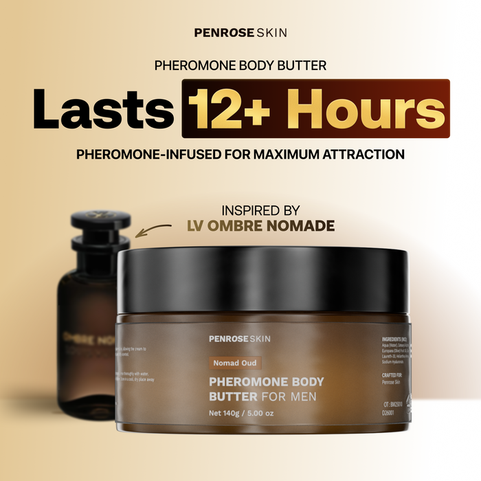 Nomad Oud pheromone body butter, inspired by Louis Vuitton Ombre Nomade — lasts 12+ hours