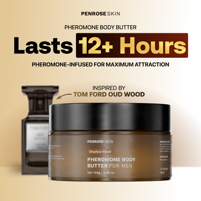 Shadow Wood pheromone body butter, inspired by Tom Ford Oud Wood — lasts 12+ hours